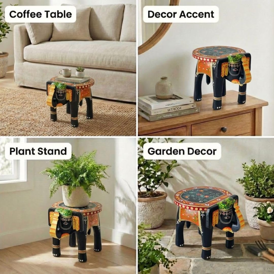 ATRANGI STUDIO Black Colourful Handpainted Wooden Elephant Stool Cum Showpiece | Mango Wood Traditional Multipurpose Stool for Living Room Decor & Mandir | Perfect for Plant Stand | 8x8x10 inch