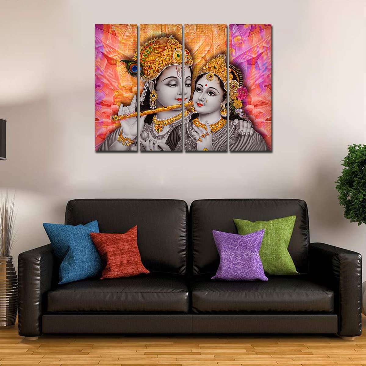 VIBECRAFTS Shree Radha Krishna 4 Pieces Canvas Wall Painting Fitted With Wooden Frame For Home | Office | Living Room | Gifts (PTVC4Pcs1_13504)