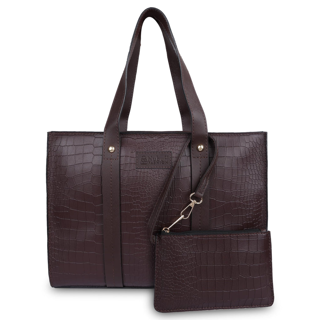 NUBUFF FASHION Womens croco Textured Shoulder Tote Bag (BROWN)