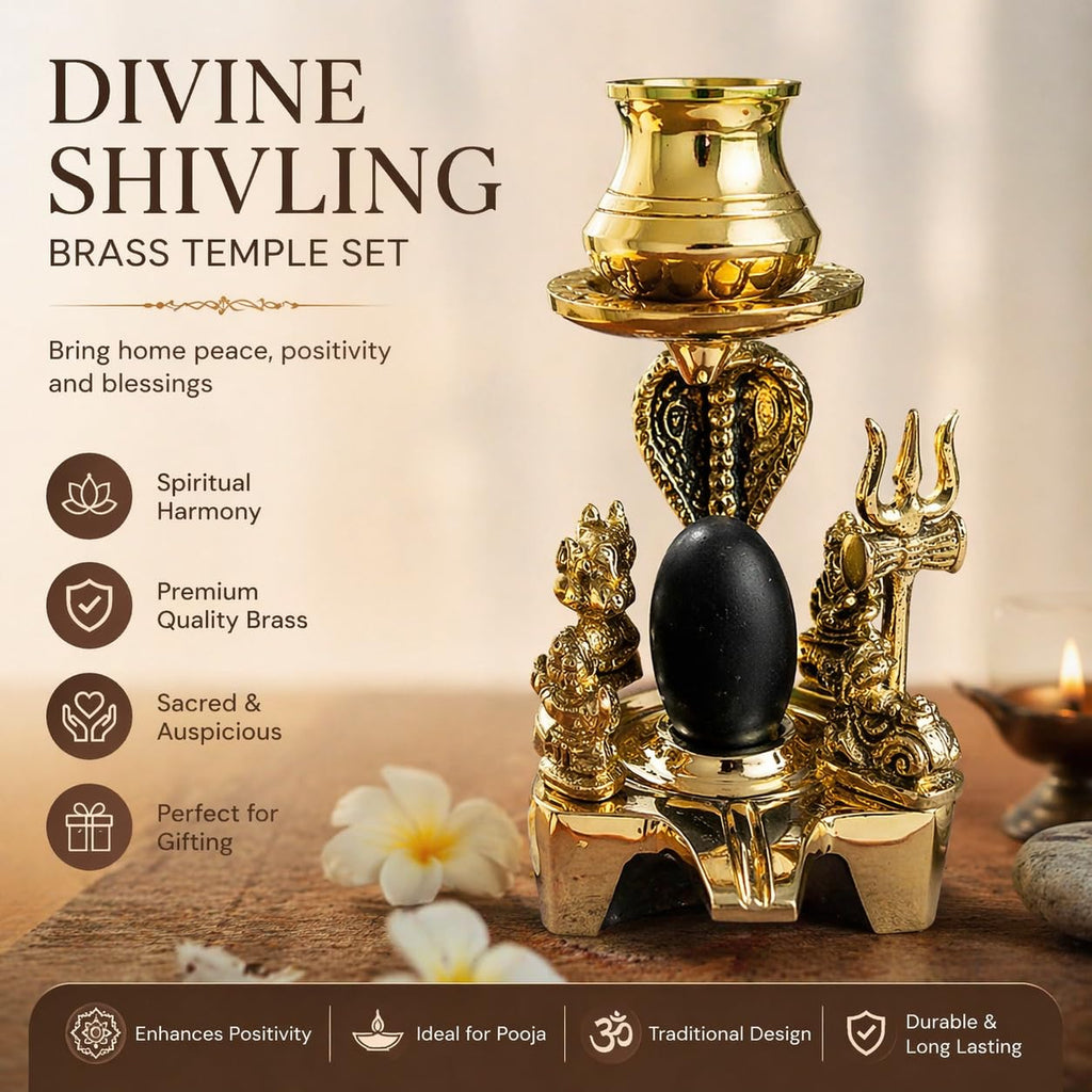 Brass Divine Shivling Temple Set with Narmadeshwar Shiv Parivar, Gold, 12.07 cm, Ideal for Pooja