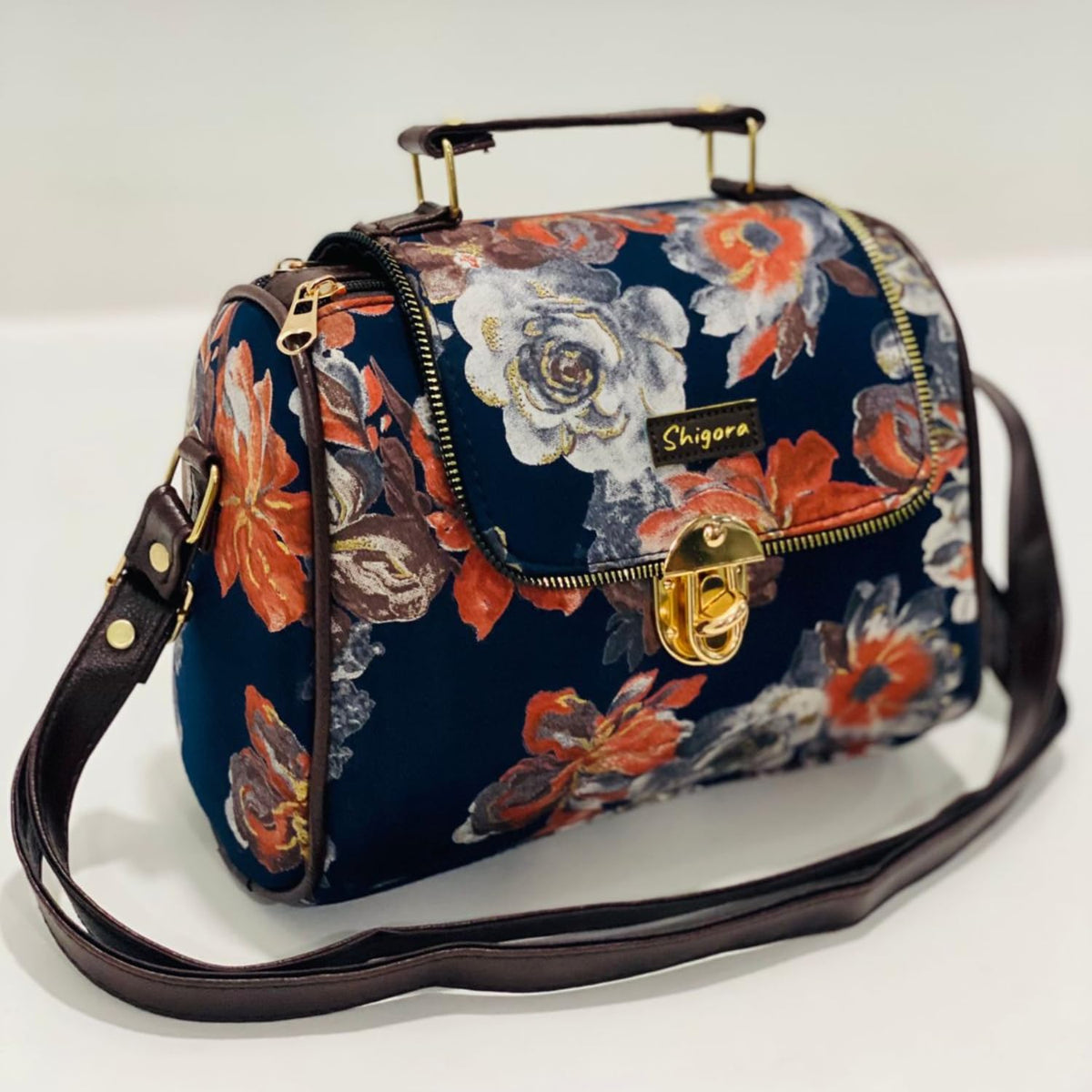 Shigora Women's Premium Cotton Printed Vegan Leather Satchel Bag For Women | Satchel Handbag for Work | Ladies purse | Medium Top Handle Handbag with Lock Closure (Navy Blue)