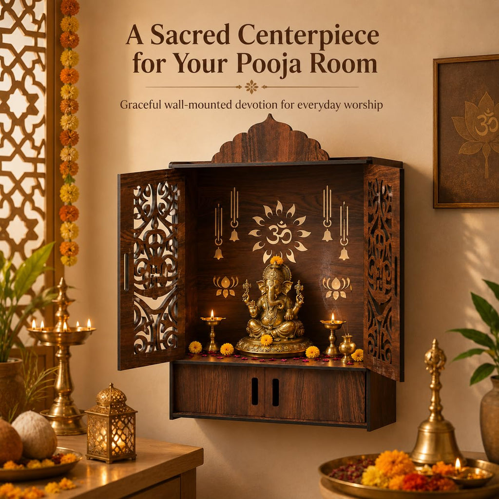 The Castle Decor Wooden Mandir for Home, Wall Hanging & Tabletop Pooja Temple with Double Doors, Om & Lotus Cutwork, Storage Cabinet, Dark Walnut MDF for Pooja Room, 10.6 x 20 x 16.7 Inch (Design-7)