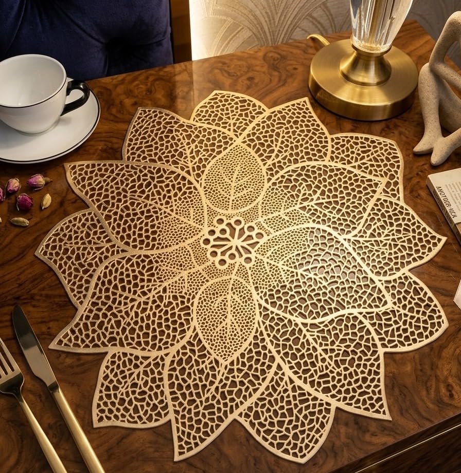 MINI MONK Table mat Round Shape| Table mat Round | Cutwork Design mat | Dining Table mats | Dressing Table MATS | Bed Side Table mats (Flower) Kafalo