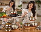 GlamourShop Steel Magic Copper Bottom Handi/Urli Set, Cookware Set Induction Bottom Cookware Set, Stainless Steel, Copper Handi Set of 3 (800, 1100, 1600 ML)
