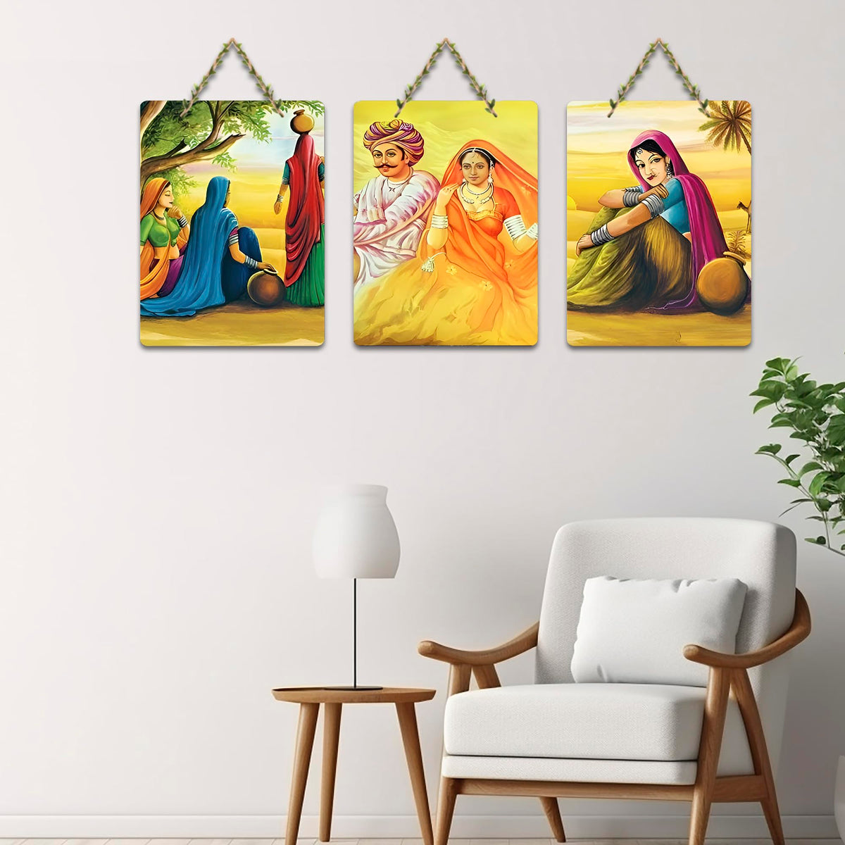 Artvibes Rural Rajasthan Artwork Decorative Wall Hanging Ornaments | Graphic Artwork | Door Decoration Items | Paintings For Wall | Wall Poster | Handcrafted Art | Unique Gift (WH_96141N), Set of 3