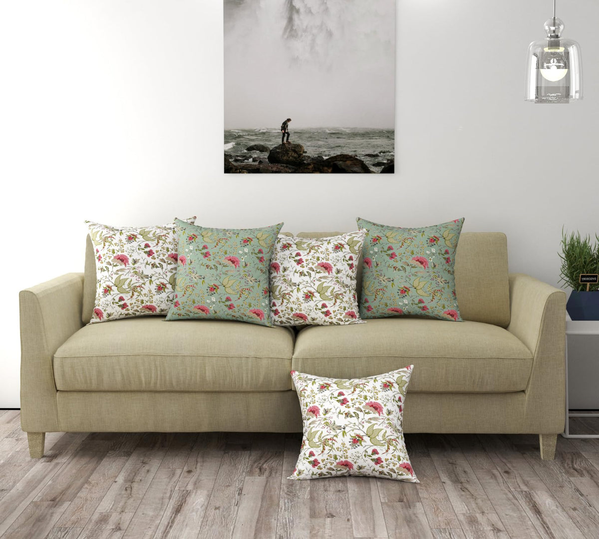Trance Home Linen Premium 100% Cotton 16x16 inch Cushion Covers Only for Sofa and Diwan | Throw Pillow/Small Cushion Pillow Covers Only (16x16 inch | 40cmx40cm, Calicut White Green) Set of 5,180TC