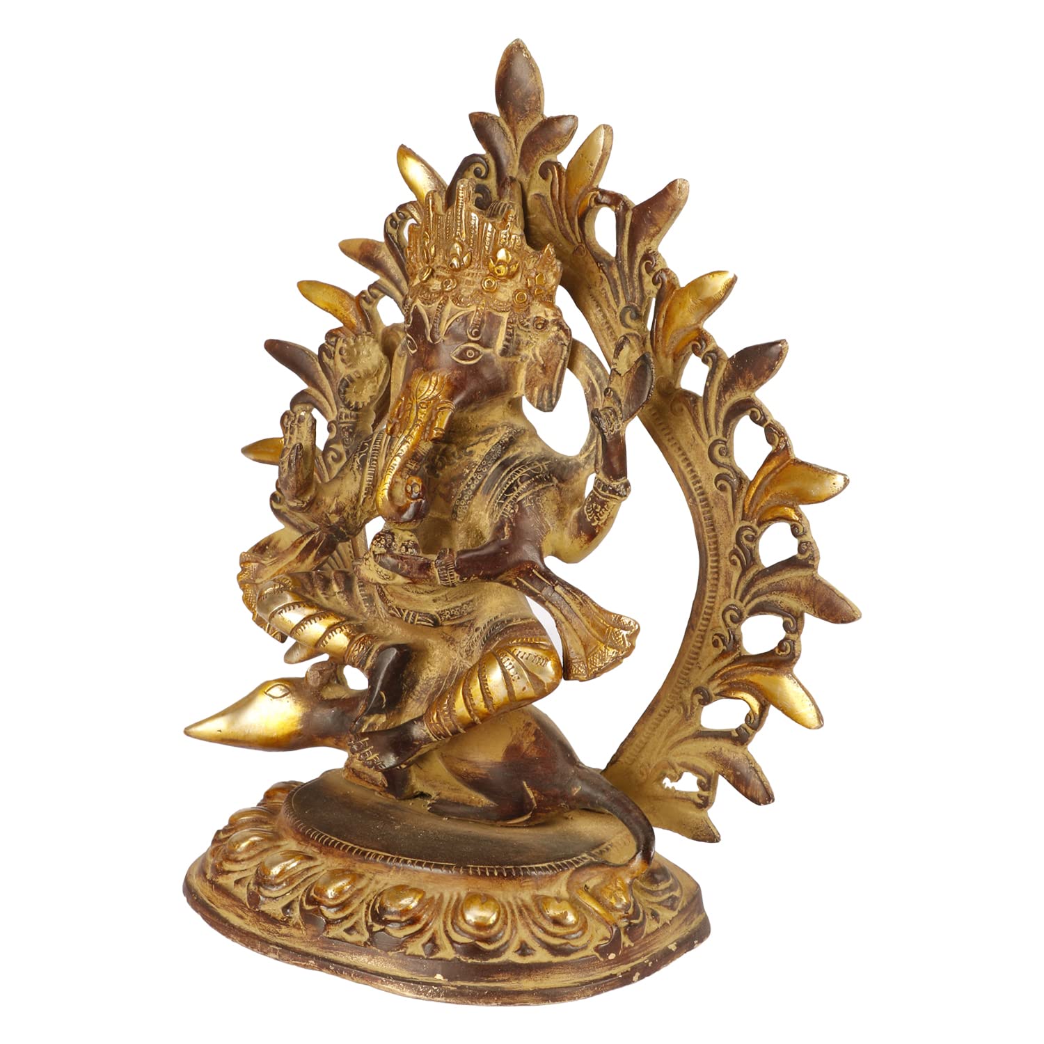 ARTVARKO Antique Brass Lord Ganesha Bhagwan Idol Ganpati Sitting on Mooshak Rat Sawari Copper Brown Color 11.5 Inch.