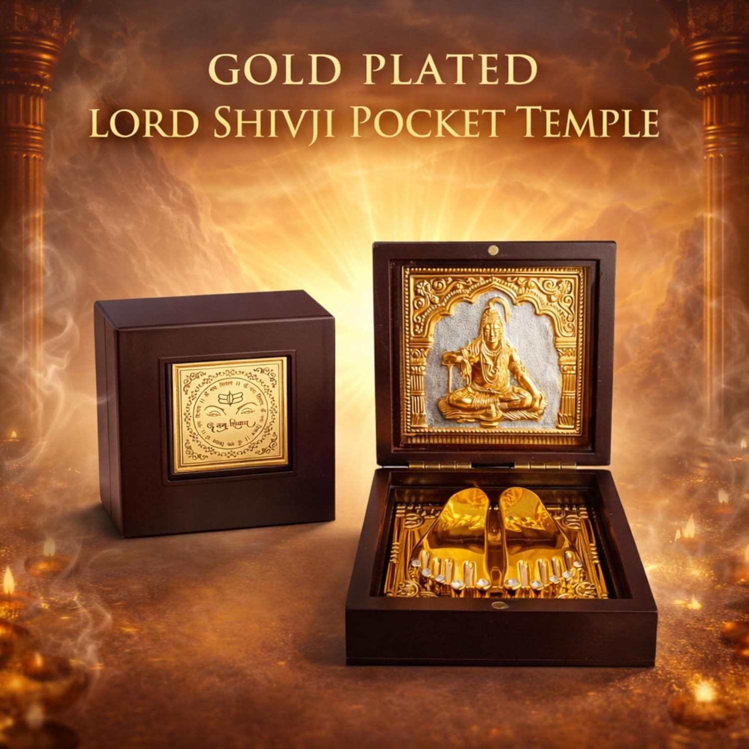 Gold Plated Lord Shivji Idol for Pooja Box | Pocket Temple Shivji with Charan Paduka |Mini Shiva Murti for Home Office Car Dashboard | Pocket Temple Pooja Box |Spiritual Gift Religious Decor for Pooja