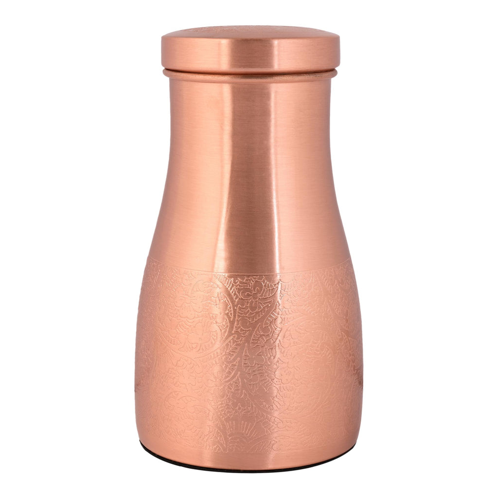 Tambra Copper Bedroom Jar with Inbuilt Glass | Carving Design | Handcrafted, Leakproof, Jointless | Ayurvedic Benefits, Antioxidant Properties | 1200 ml (Pack of 1)