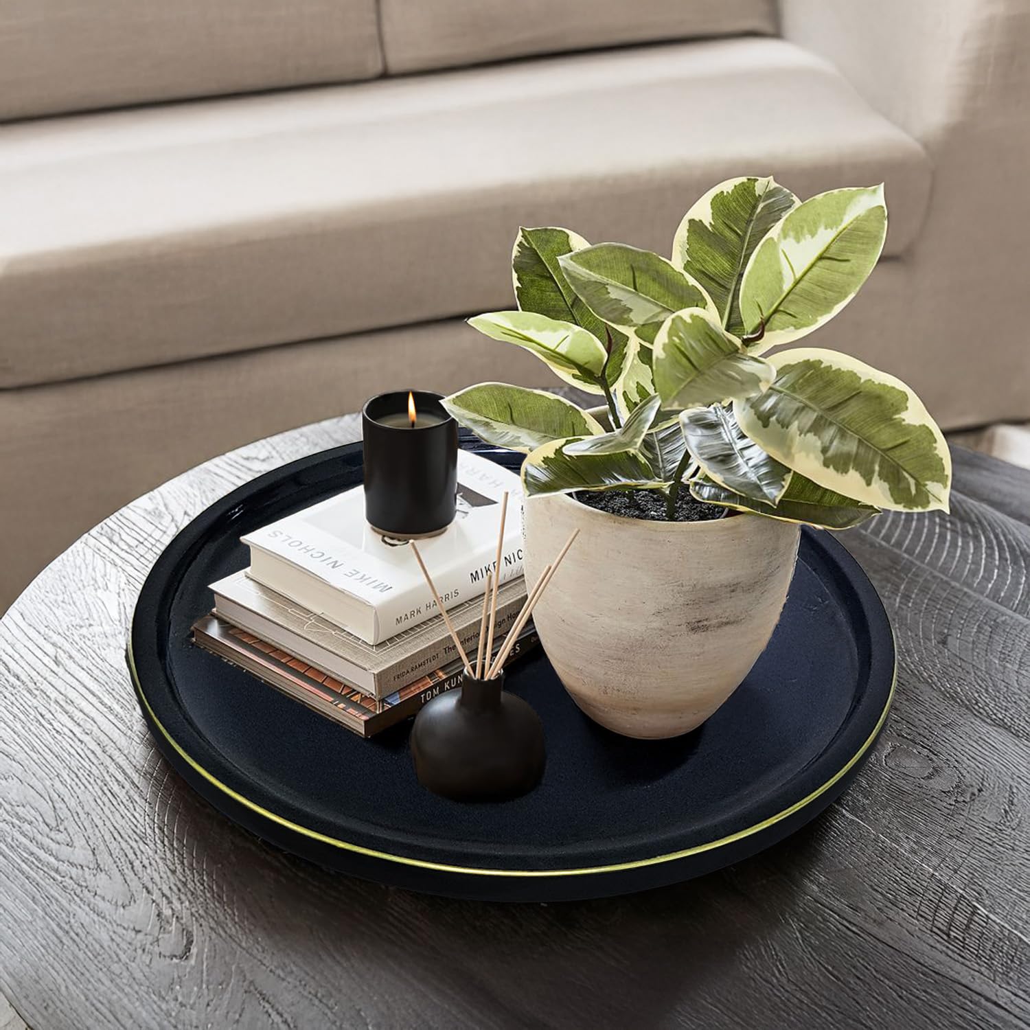 CRAFTSLANE Handcrafted Round Decorative Tray 11 x 11 inch Wooden Serving & Counter Tray for Keys & Home Decor (Charcoal Black)