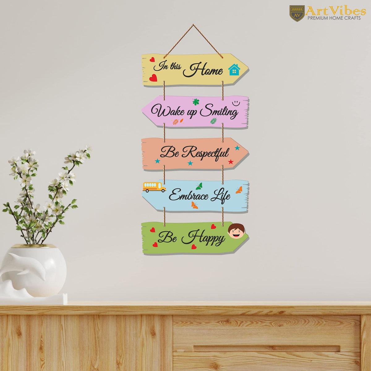 Artvibes Home Quotes Mdf Wooden Wall Hanger For Living Room | Bedroom | Gifts | Wall Hangings For Home Decoration | Modern Decor Items | Decorative Painting (Wh 7301N), Set Of 5