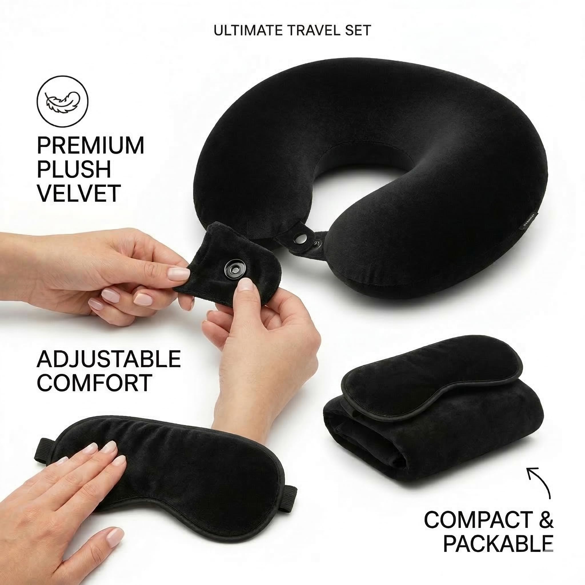 CloudBliss Memory Foam Travel Neck Pillow, Set of 2, Black & Black