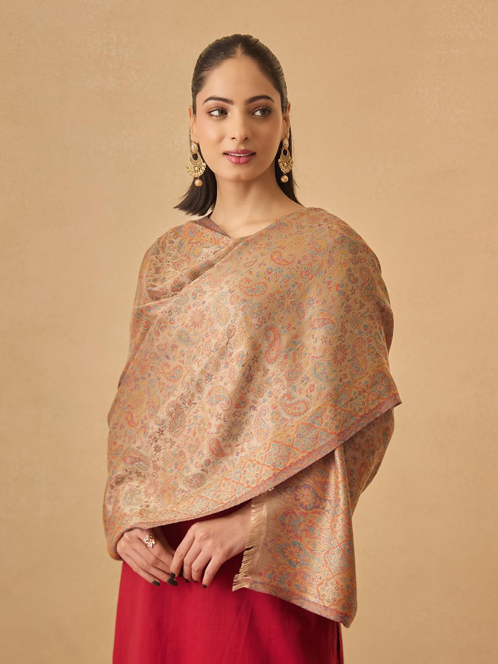 Pashmoda Women Chandni Kaani Stole, Authentic Kashmiri Luxury Pashmina Style Shawl, Stole, (Size 28x80 Inches, Mustard Color) MAVST07
