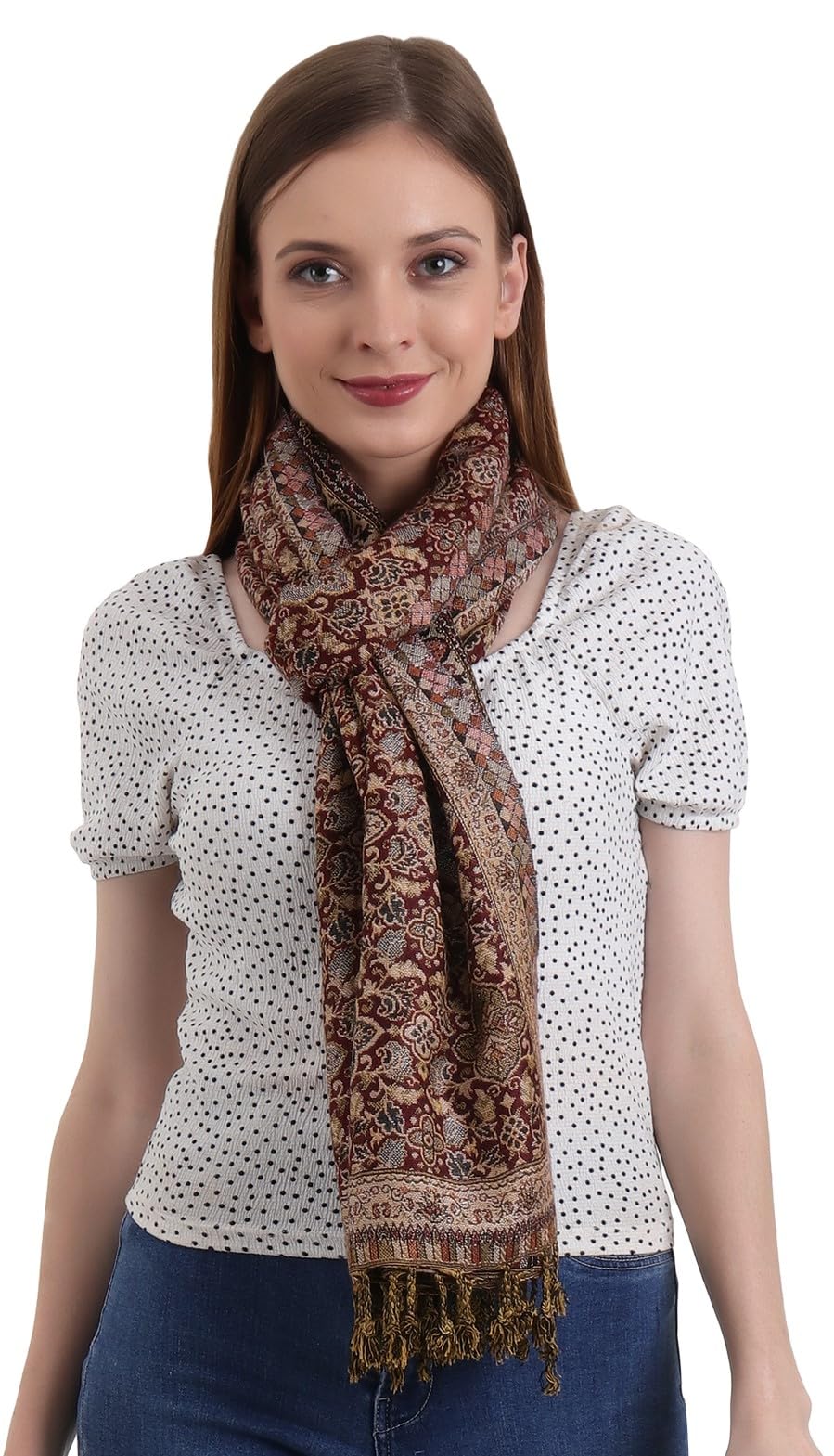 EH REVERSIBLE JAMAWAR MULTICOLOR VISCOSE SILK, FLORAL & PAISLEY SUPER SOFT PASHMINA STOLES/SCARF (FLORAL MAROON)