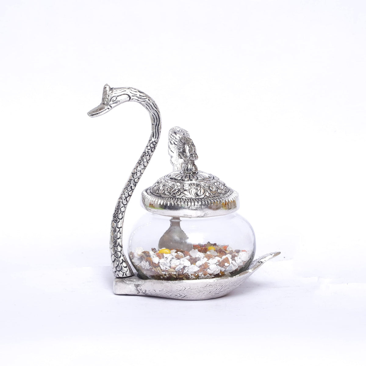 KridayKraft Aluminium swan Duck with Transparent Glass Bowl Set with Spoon and lid (11 x 15 x 11 cm, Silver)