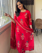 Veqreqmeq Women's Cotton Kurta Set with Dupatta | Red Printed Straight Kurta and Pant Suit for Casual