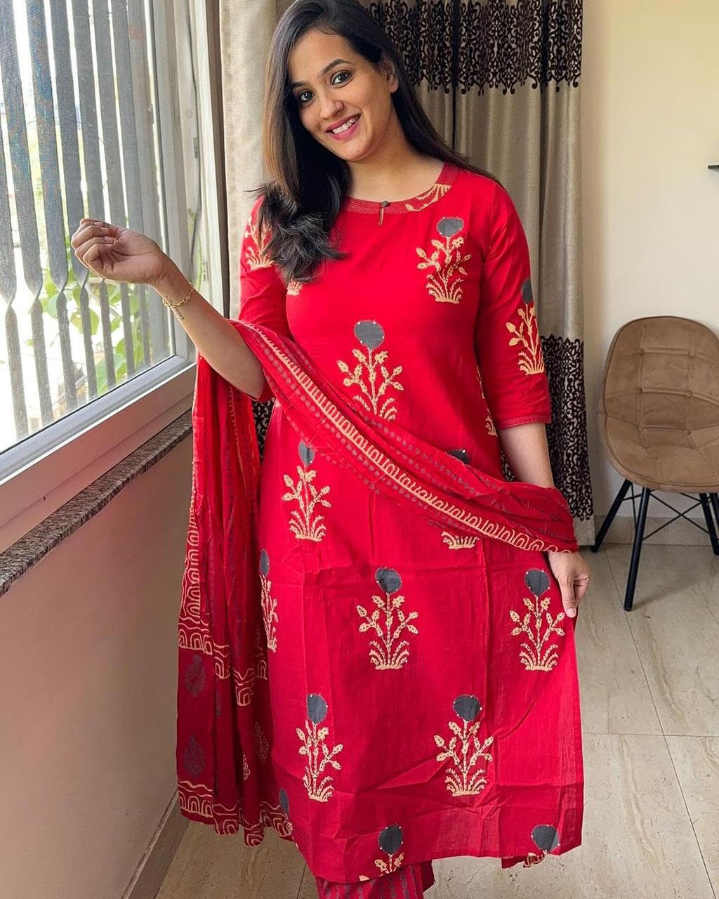 Veqreqmeq Women's Cotton Kurta Set with Dupatta | Red Printed Straight Kurta and Pant Suit for Casual