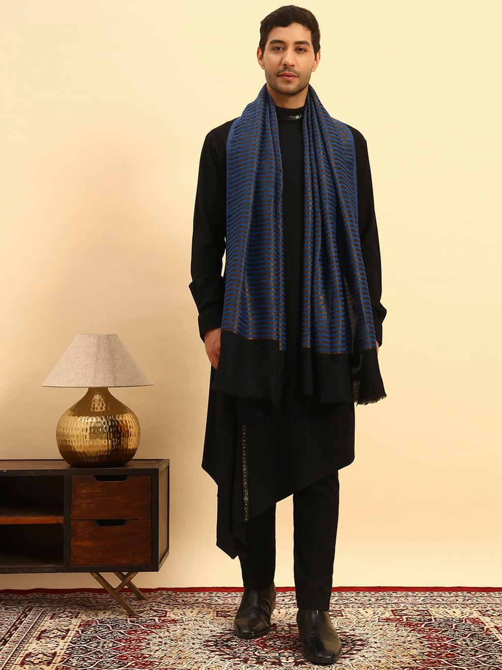 Pashmoda Men Golden Eclipse Reversible Zari Moonlight Fine Wool Stole (Size-28x80in, 71x203cm) MZSST03