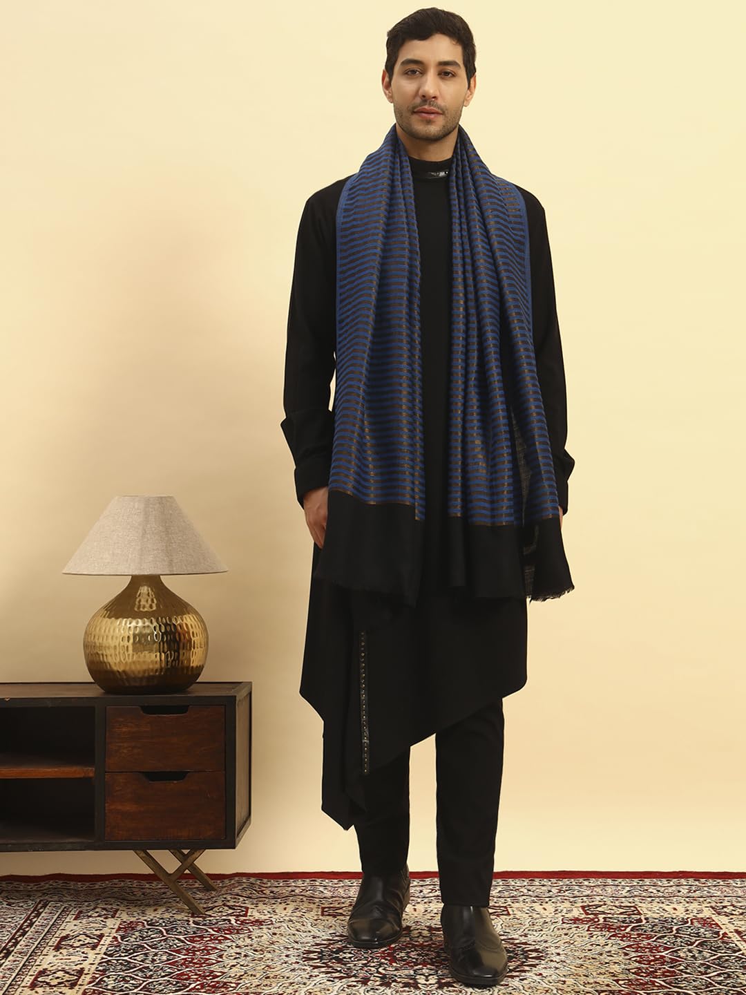 Pashmoda Men Golden Eclipse Reversible Zari Moonlight Fine Wool Stole (Size-28x80in, 71x203cm) MZSST03