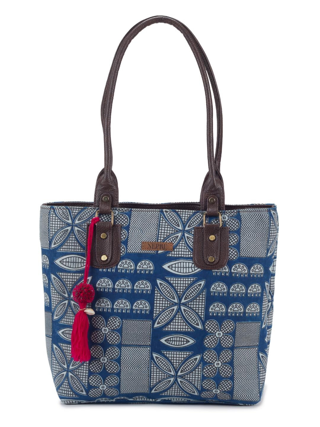 NEPRI Office Pouch Tote Bag | Stylish Set of 2 Tote Bags for Women| Vegan Leather & Handblock Printed Fabric Handbag with Double Handle Shoulder Strap| Daily & Travel Use | WPT-006-18