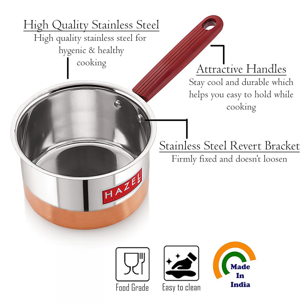 Hazel Premium Heavy Gauge Stainless Steel Flat Patila Sauce Pan Cookware with Copper Bottom (1.1 LTR), Silver & Copper