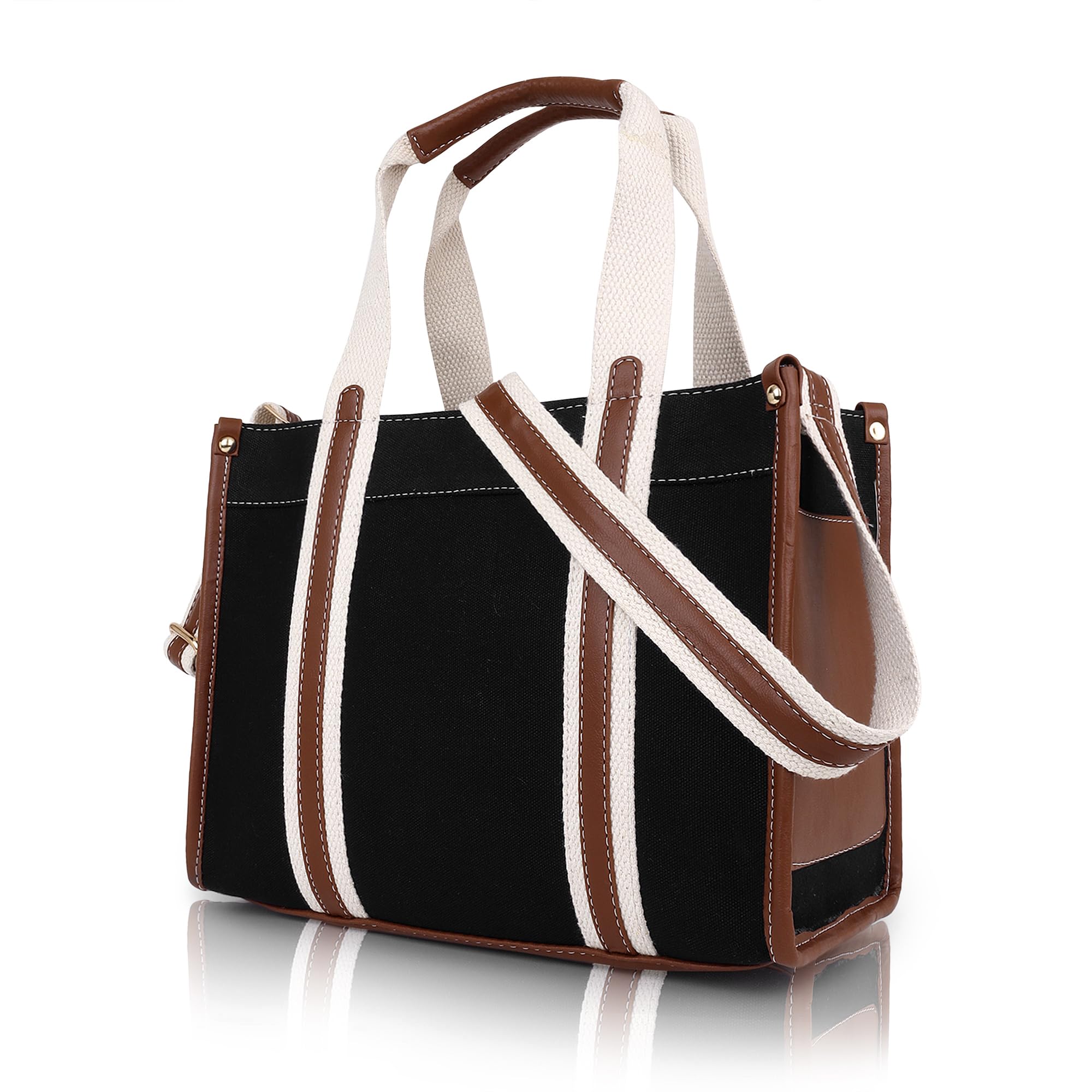 Womanix Womens Tote Bag Niwar Canvas Bag 12 Inch Work Shoulder Bags Casual Small Briefcase Handbag For Travel, Office, College (0045) (Black Tan)