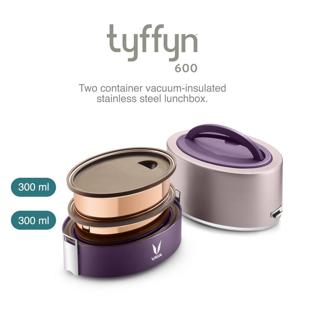 VAYA TYFFYN Lunch Box for Kids for School,Copper Finished Stainless Steel Tiffin Box, Insulated Tiffin Box for Office for Men, 600ml with 2 Leakproof Containers, Hot Lunch Box for Boys, Purple