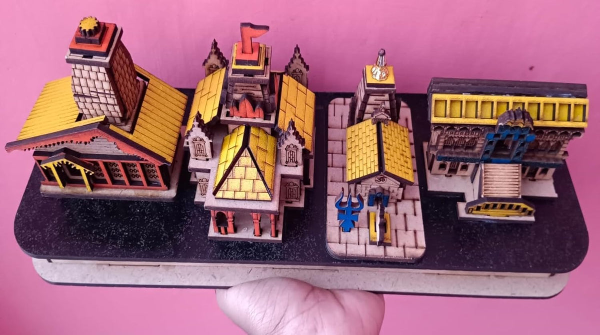 SriMaa Ventures Handcrafted Wooden Char Dham Mandir 3D Replica for Home Temple, Car Dashboard