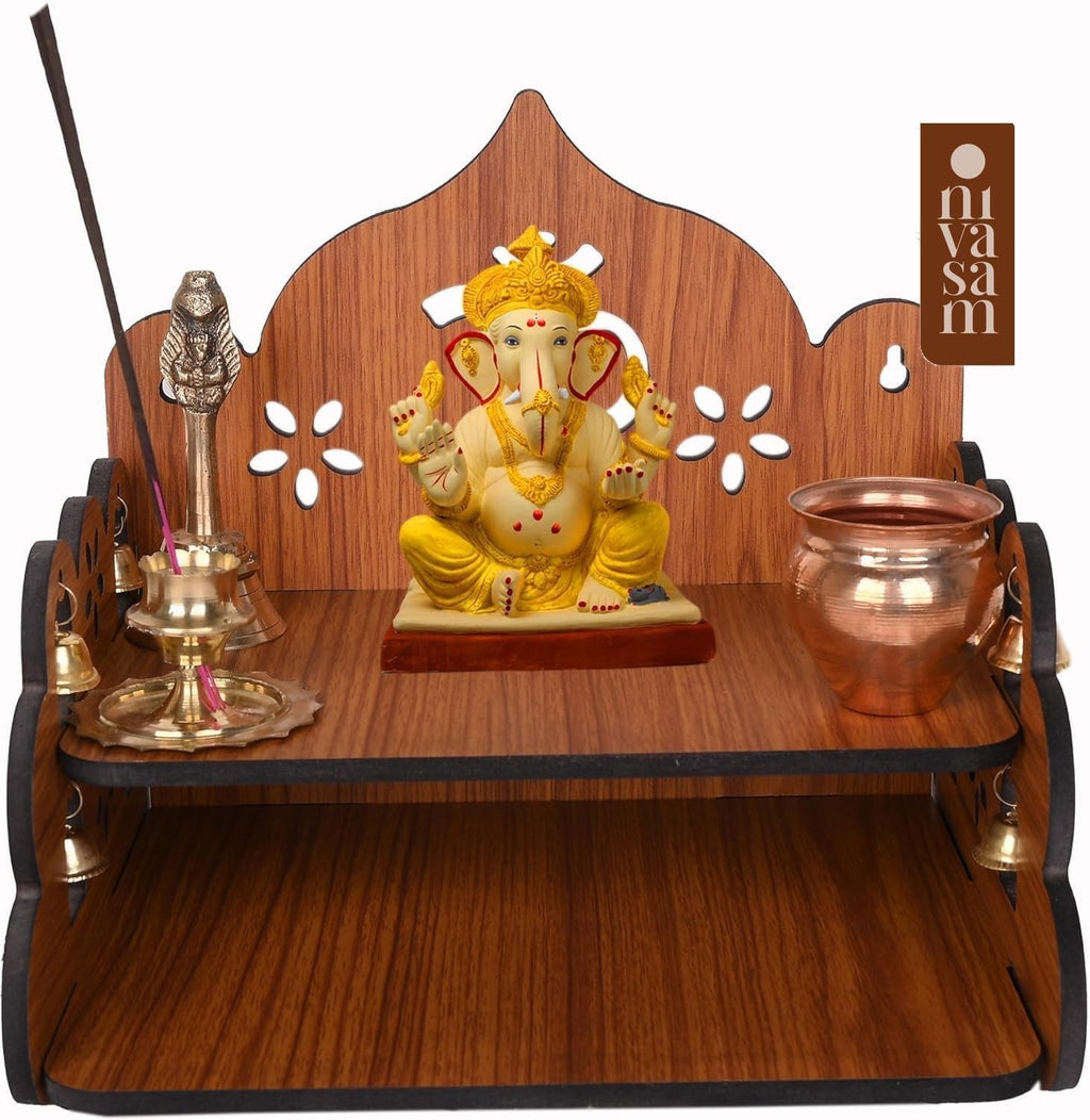 FLYUP Wooden Mandir for Home Pooja | Wall & Tabletop Temple with Om Floral Cutout | Solid Wood Finish Home Temple with Storage Shelf (Om Floral)