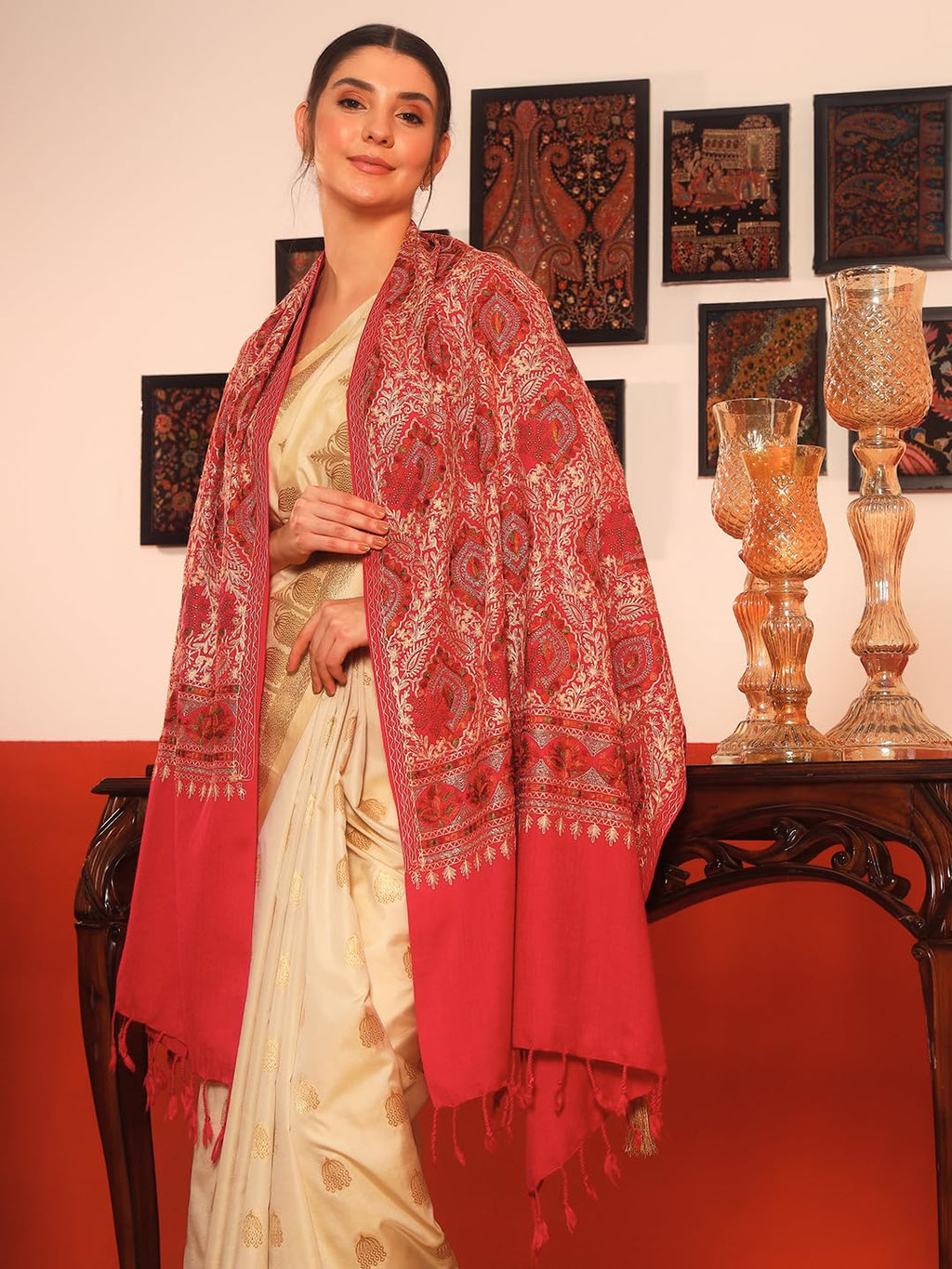 Pashmoda Women Ornate Harmony Fine Wool Nalki Embroidered Stole (Size : 28x80in, 71X203cm) EMST03