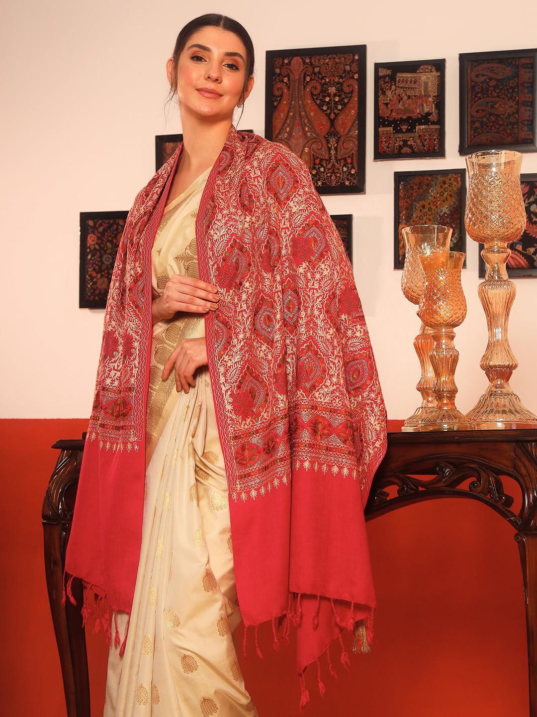 Pashmoda Women Ornate Harmony Fine Wool Nalki Embroidered Stole (Size : 28x80in, 71X203cm) EMST03