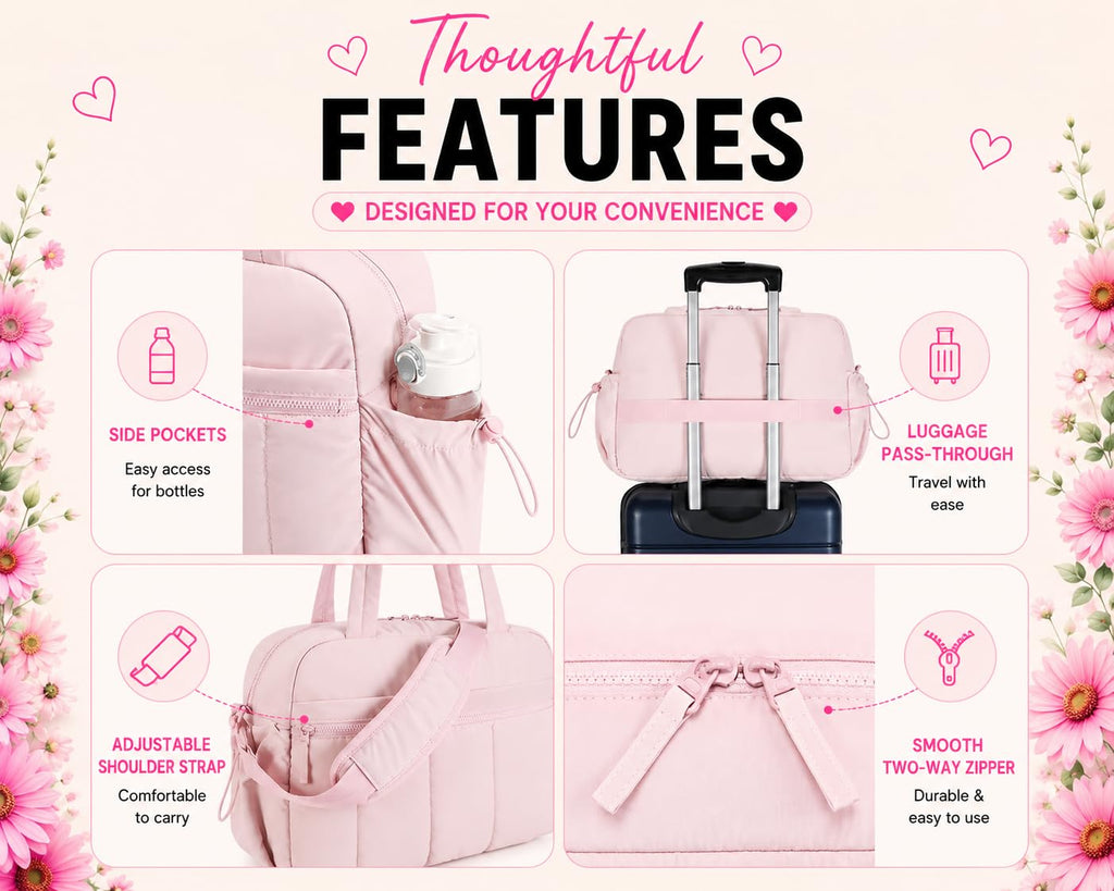 LITTLE CURIOUS Women's Travel Duffel Bag | Travel Water-Resistant PufferTote Bag | Gym Bag with Adjustable Shoulder Strap & Trolley Sleeve for Travel (Pink)