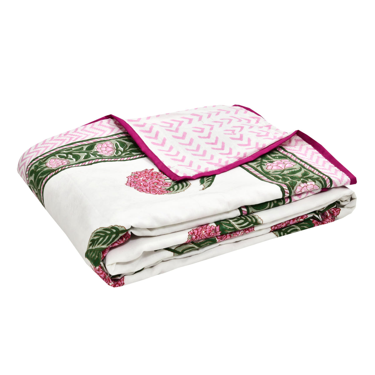 BLOCKS OF INDIA 100% Cotton Dohar King Size Reversible Hand Block Printed Malmal Summer Dohar/Blanket (Pink Green Rose) Kafalo