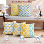 STITCHNEST Set of 5 Polycotton Cushion Covers – 12x12 Inches – Yellow & Aqua Ikat-Inspired Geometric Print – Vibrant Cushion Covers for Sofa, Couch & Living Room | Perfect for Home Decor