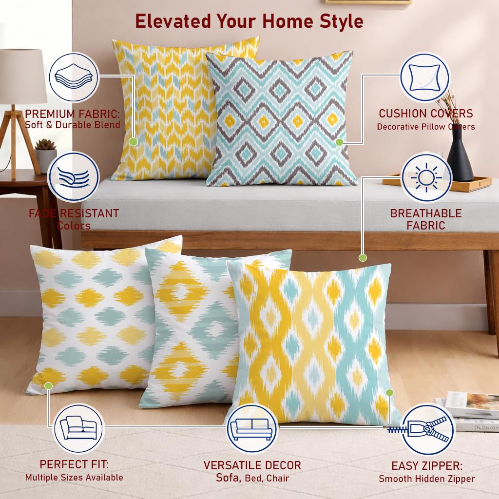STITCHNEST Set of 5 Polycotton Cushion Covers – 12x12 Inches – Yellow & Aqua Ikat-Inspired Geometric Print – Vibrant Cushion Covers for Sofa, Couch & Living Room | Perfect for Home Decor