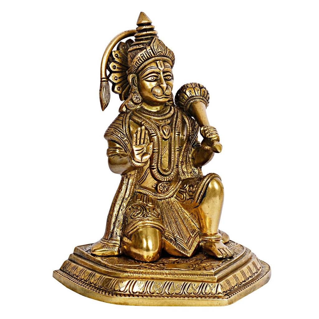 ARTVARKO Brass Lord Hanuman Ji Sitting Blessing Murti Bajrangbali with Gada Bhagwan Statue Showpiece for Pooja Gift Living Room Decoration Home Décor 8 Inches Height