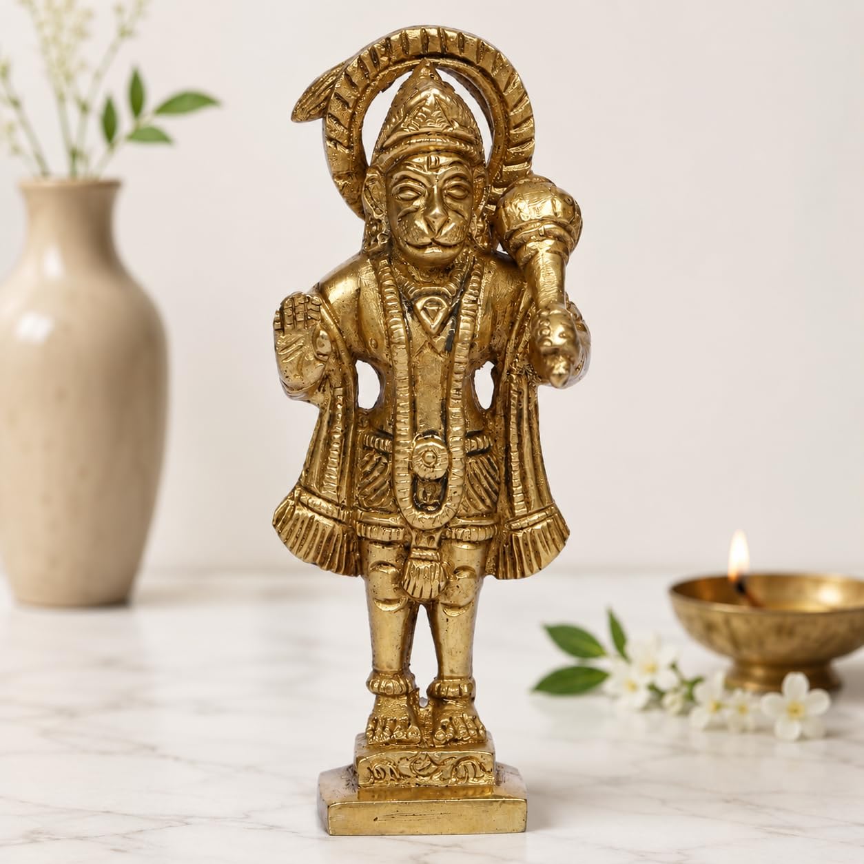 ARTVARKO Pure 100% Brass Lord Hanuman Ji Standing Blessing Murti Bajrangbali with Gada Bhagwan Statue for Puja Decor Showpiece for Pooja Gift 4.5 Inch