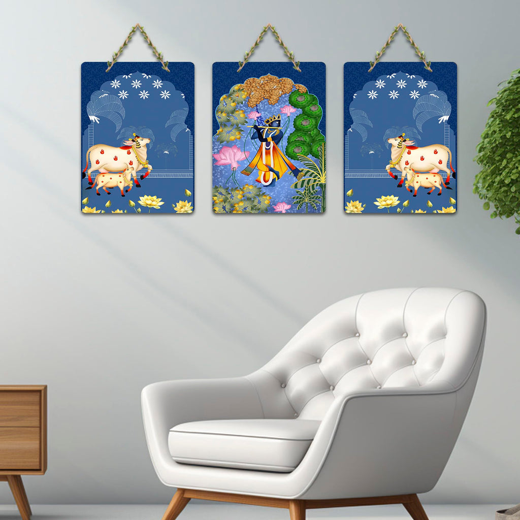 Artvibes Sacred Cow And Shri Krishna Religious Wall And Door Hanging for Home | Spiritual Decor Items | Wall Illustrations | Artwork| Stylish Modern Decor Item | Gift Items (WH_9660N), Set of 3