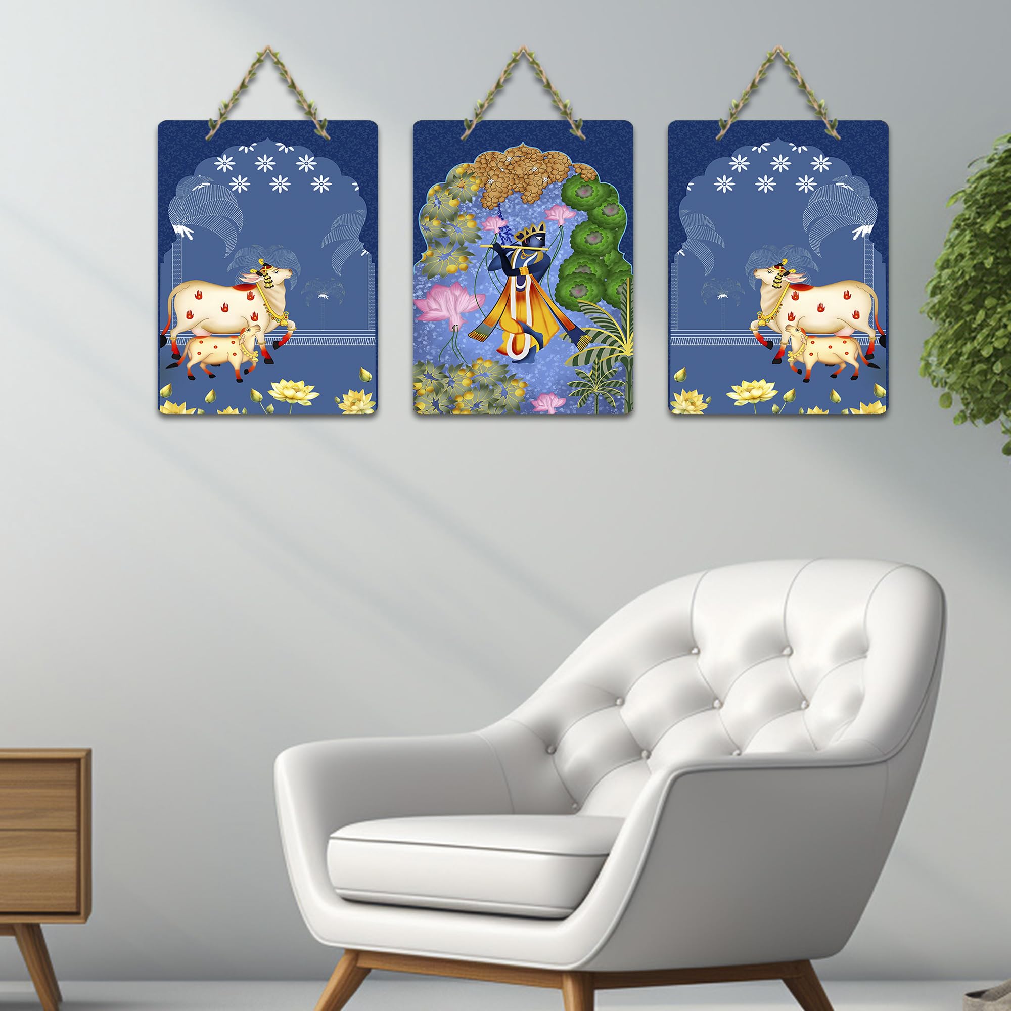 Artvibes Sacred Cow And Shri Krishna Religious Wall And Door Hanging for Home | Spiritual Decor Items | Wall Illustrations | Artwork| Stylish Modern Decor Item | Gift Items (WH_9660N), Set of 3