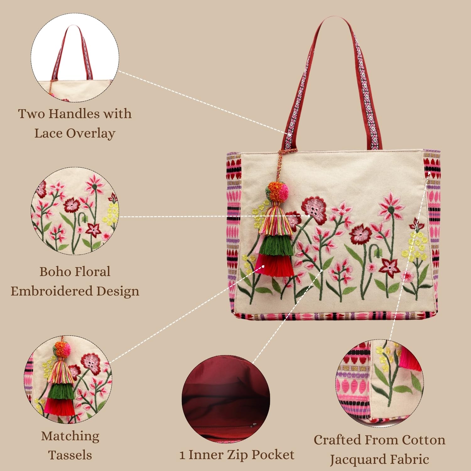 Anekaant Womens Kooky Natural, Pink & Multi Boho Floral Embroidered Handloom Cotton Jacquard Tote Bag