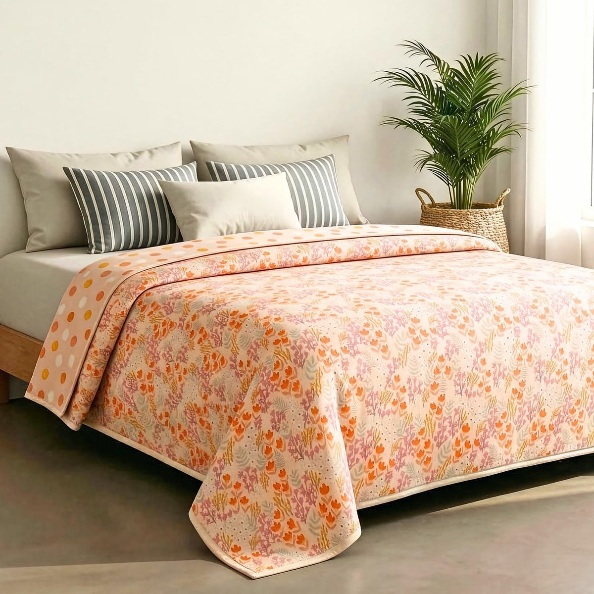 haus & kinder Cotton Dohar for Double Bed Queen Size | Lightweight Summer Blanket AC Dohar | 3 Layer Soft Reversible Cotton Quilt Blanket for Bed | Kawai Bloom Pink | 100 x 89 Inches | 144 TC Kafalo