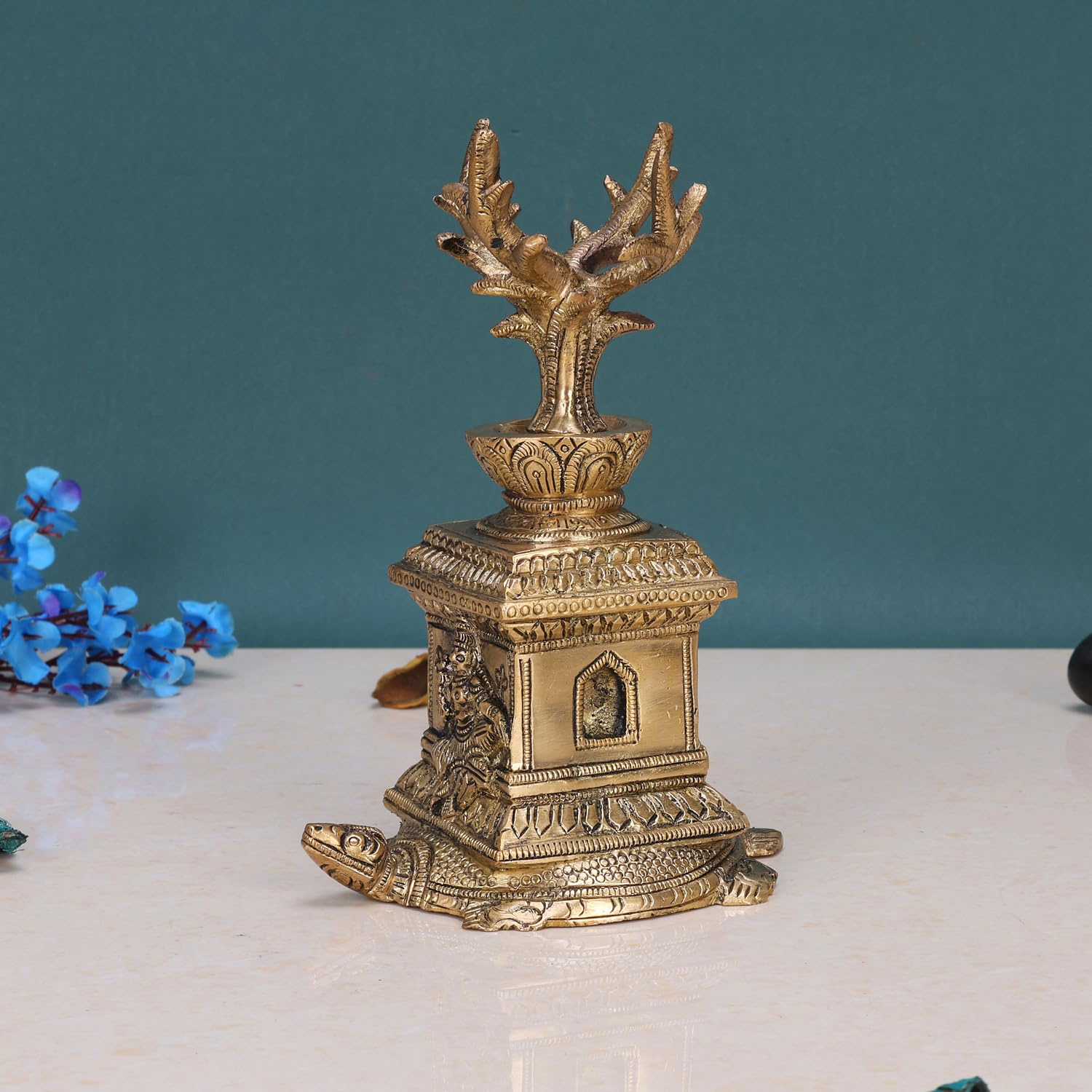 ARTVARKO™ Brass Tulsi (Thulasi) Saligram Plant on Tortoise for Home Décor Mandir Temple Gift Showpiece 6 Inch.