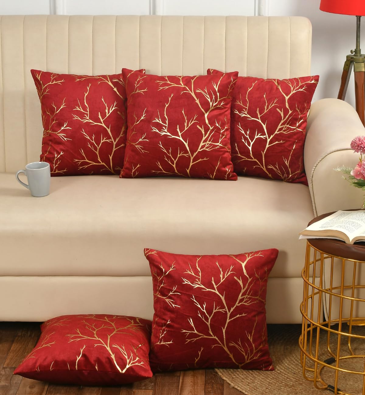 Stuffique Velvet Foil Cushion Covers Decorative Merry Christmas 12 inch x 12 inch Set of 5, Maroon