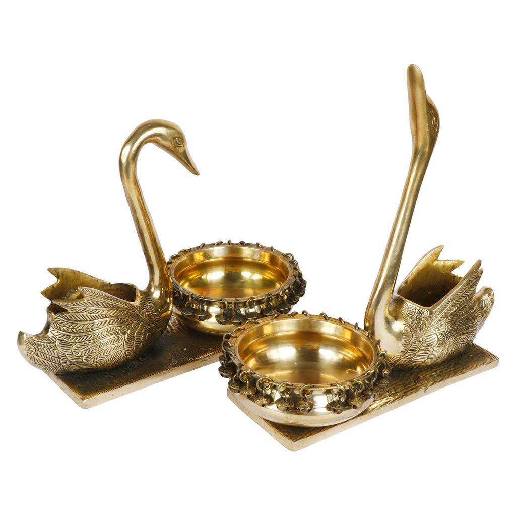ARTVARKO Brass Ethnic Carved Duck Pair Swan Love Couple Showpiece Urli Bowl (Gold Color, 7 Kg, Height 13 Inch).