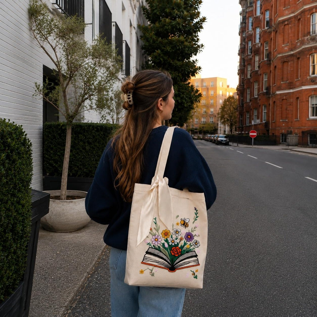 MASQ Premium ToteBag for Women with Zipper | Embroidered Foldable Shoulder Bag with Multiple Pockets | Spacious Handbag for College & Office | Eco-Friendly & Reusable (Tote_Bag_Floral_Book)