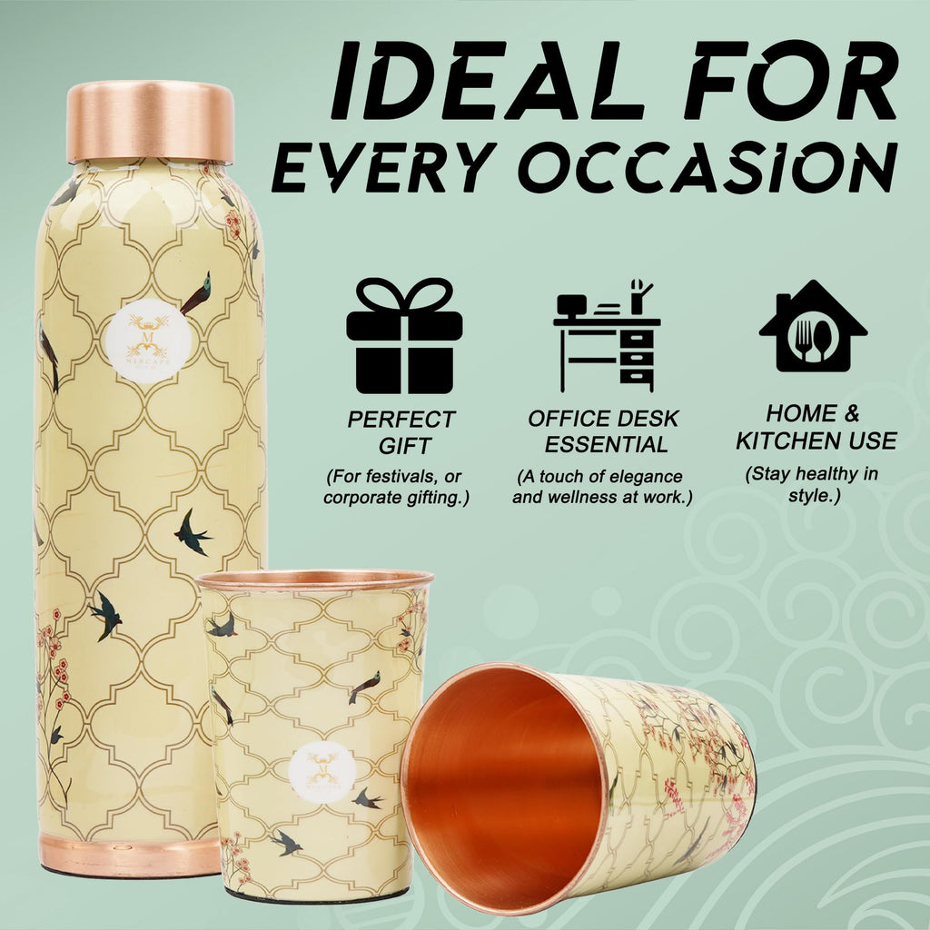 MERCAPE Vintage Swallow Meena Print Pure Copper Water Bottle 950 ml with 2 Copper Glasses (300 ml Each) | Printed Copper Bottle & Glass Set | Suitable for Home, Office & Gifting