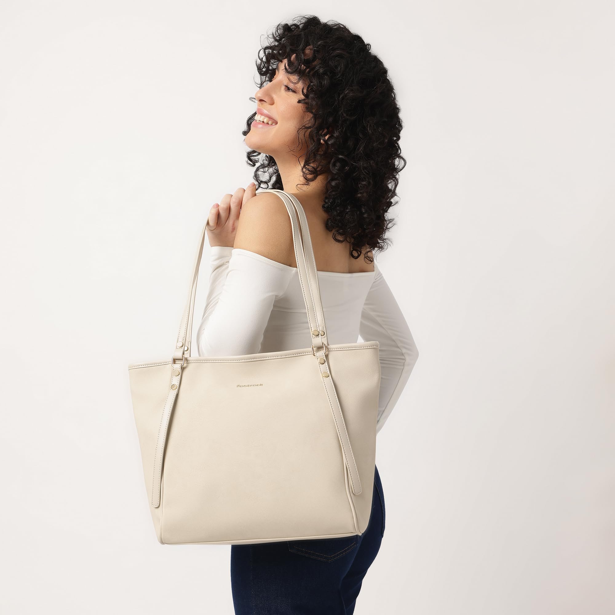 Fastrack Casual Laptop Tote Bag For Girls, Large Size With A Zipper Closure And Padded Laptop Compartment, Compatible With Laptops Up To 14 Inches, Double Handle Bag, Off White