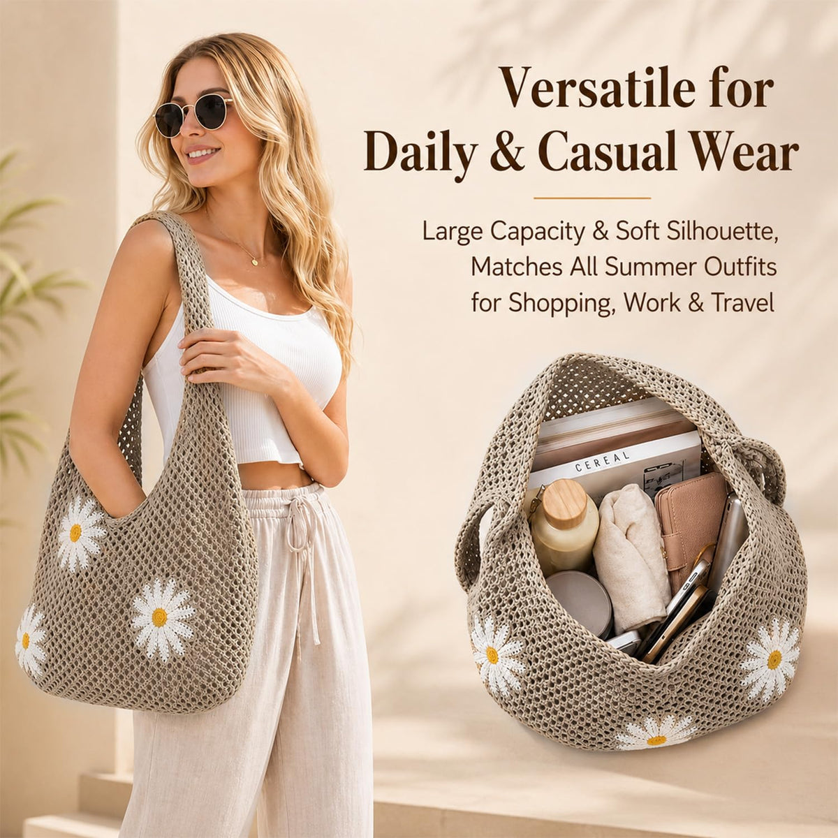 Cybersnc Tote Bag for Women Crochet Mesh Beach Shoulder Bag Khaki Knitted Summer Handbag with Flower Brooch Large Capacity Lightweight Casual Shopping Travel Shoulder Tote Bag for Women (Coffee Brown)
