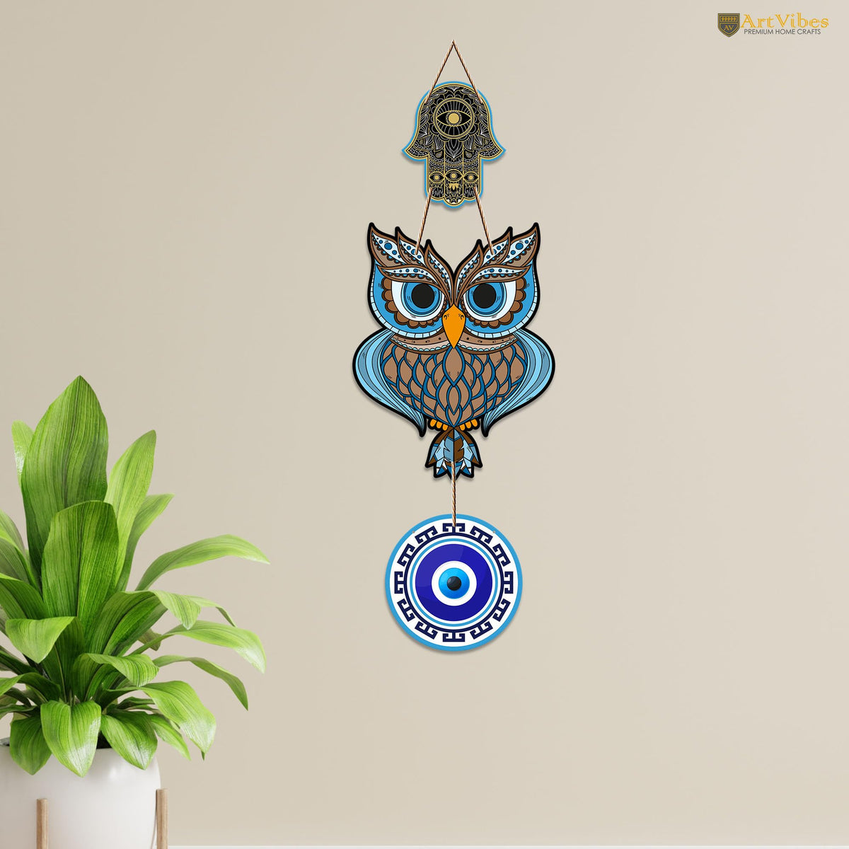 Artvibes Owl Shape Luck Prosperity MDF Wood Wall Hanger Ornaments For Vastu For Home Decoration | Livingroom | Spiritual Decor Item | Wall Illustrations | Ethnic Wall Decor | Wall Art Print (WH_8511N)