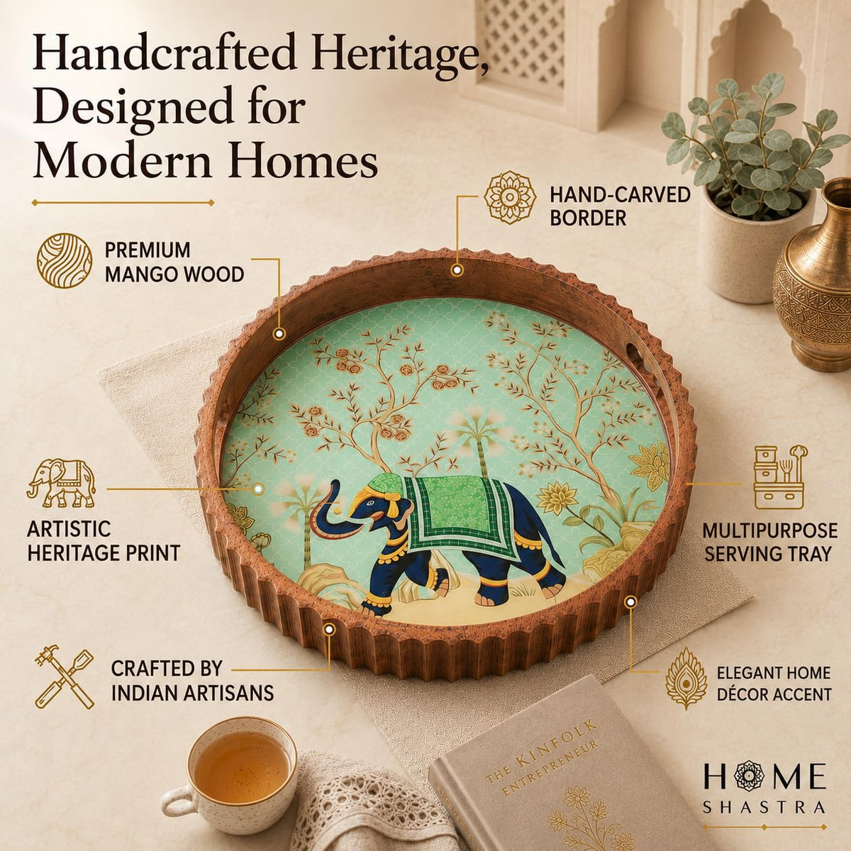 HomeShastra Round Wooden Serving Tray | 12 Inch Hand-Carved Mango Wood Tray with Elephant Heritage Print | Tea & Coffee Serving Tray with Handles | Decorative Home Décor